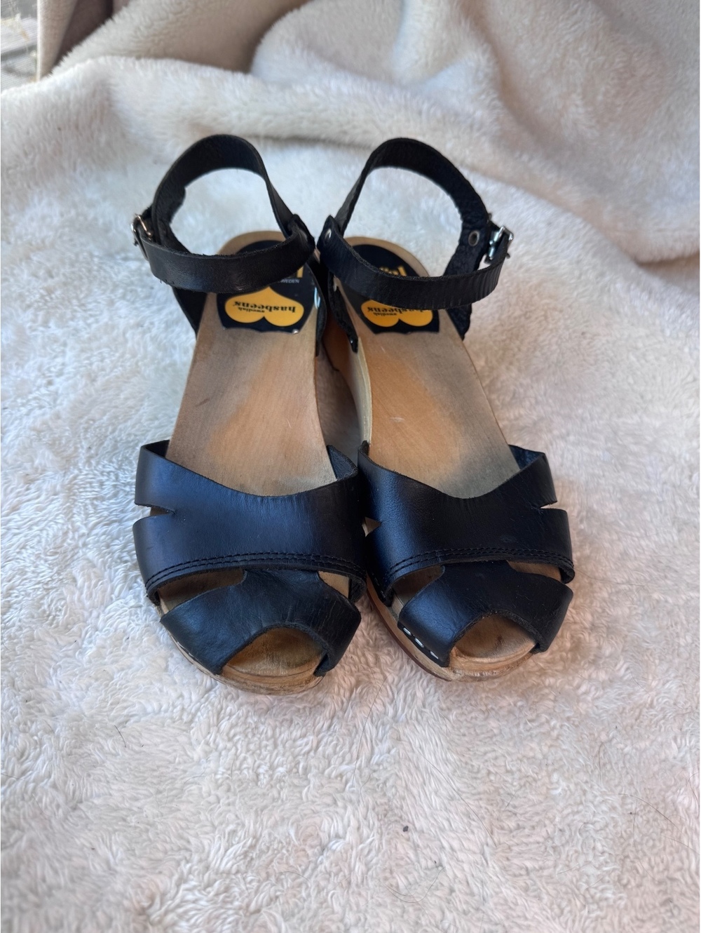 Swedish Hasbeens Black Leather Toffel Clog Sandal, Wooden Heel– Women’s Size 7.5